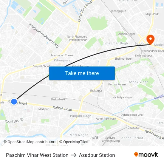 Paschim Vihar West Station to Azadpur Station map