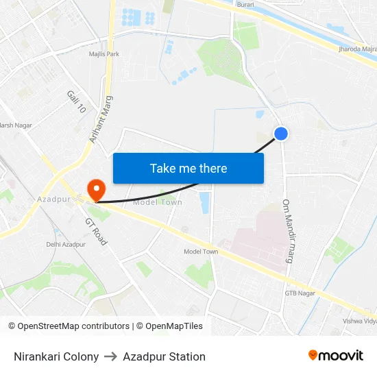 Nirankari Colony to Azadpur Station map