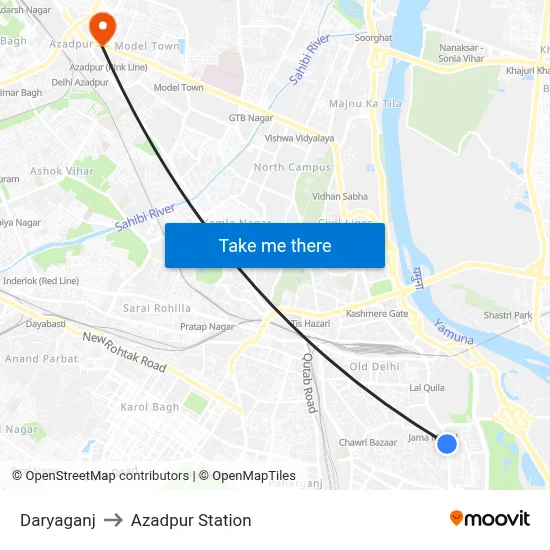 Daryaganj to Azadpur Station map
