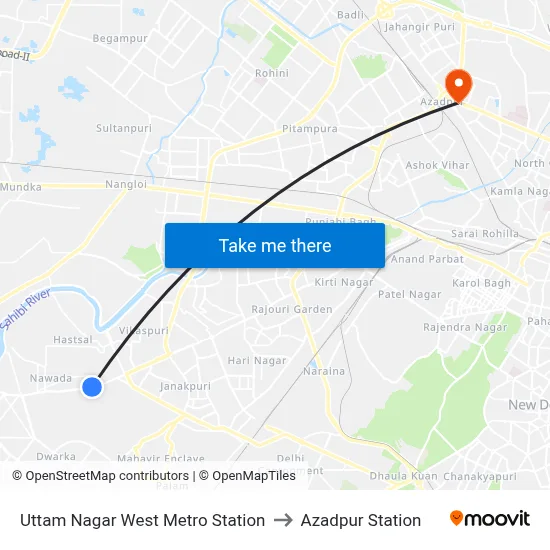 Uttam Nagar West Metro Station to Azadpur Station map