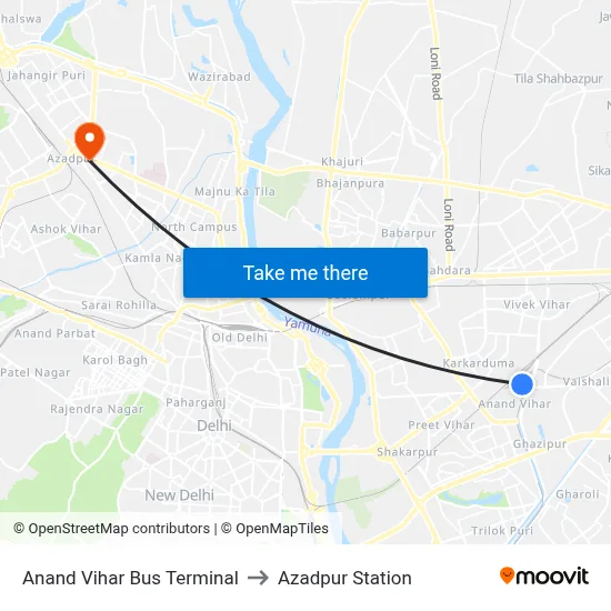 Anand Vihar Bus Terminal to Azadpur Station map