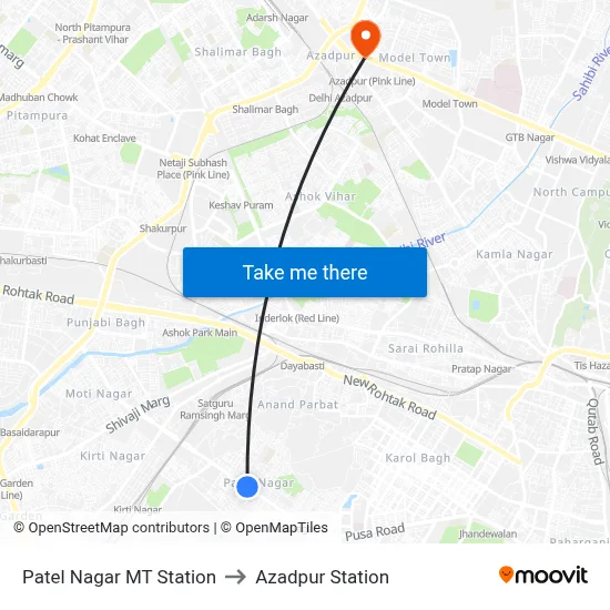 Patel Nagar MT Station to Azadpur Station map
