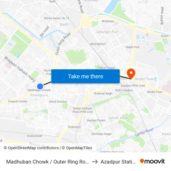 Madhuban Chowk / Outer Ring Road to Azadpur Station map