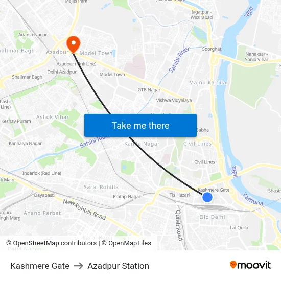 Kashmere Gate to Azadpur Station map