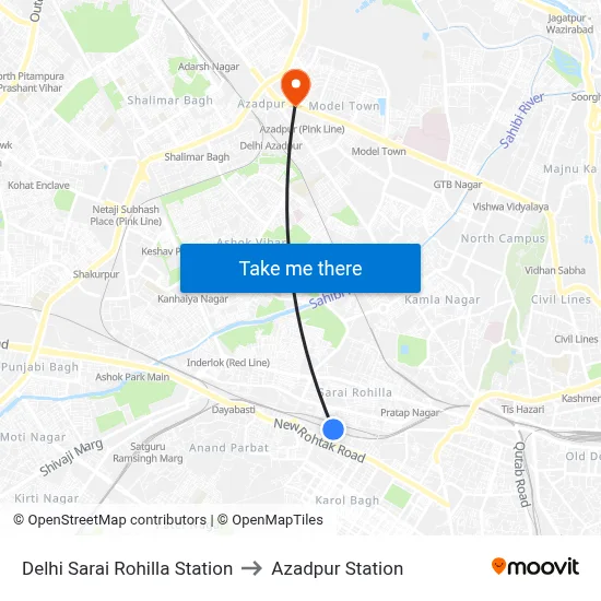 Delhi Sarai Rohilla Station to Azadpur Station map