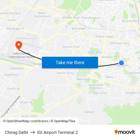 Chirag Delhi to IGI Airport Terminal 2 map