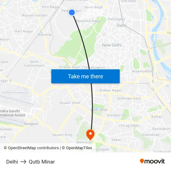 Delhi to Qutb Minar map