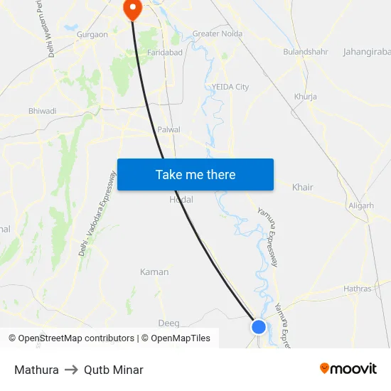 Mathura to Qutb Minar map