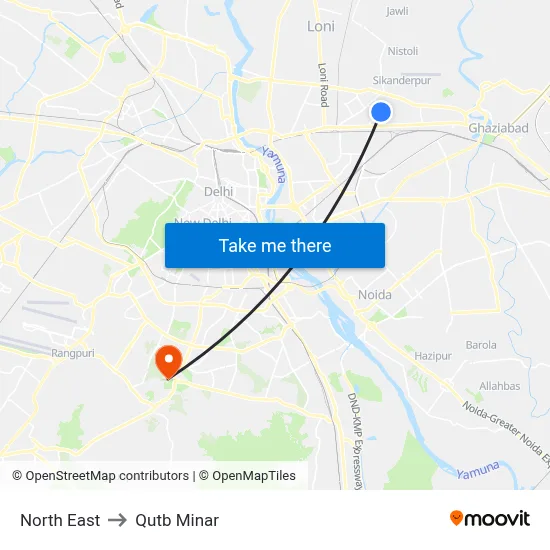 North East to Qutb Minar map