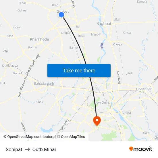 Sonipat to Qutb Minar map