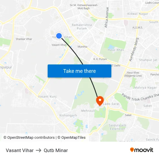 Vasant Vihar to Qutb Minar map