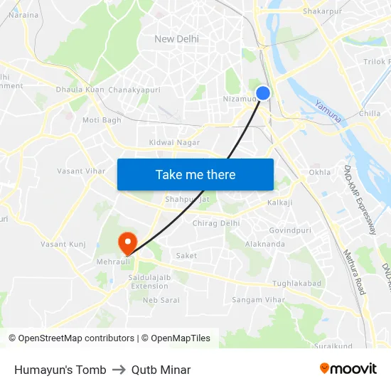 Humayun's Tomb to Qutb Minar map