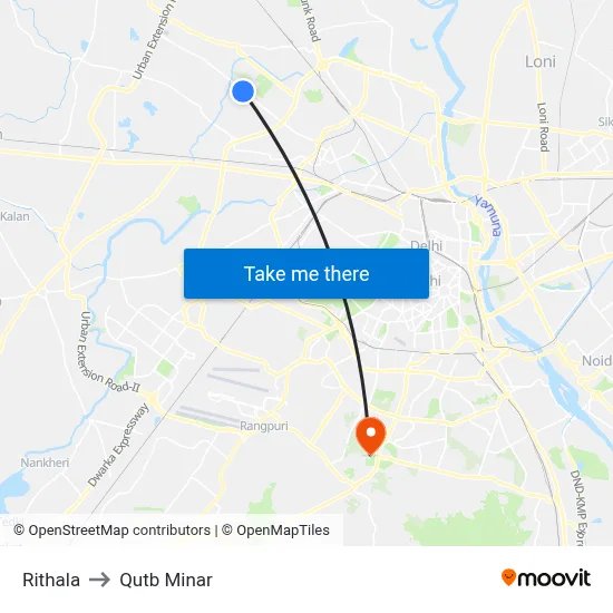 Rithala to Qutb Minar map