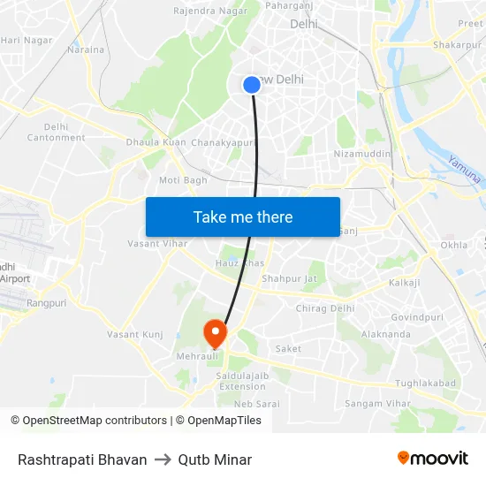 Rashtrapati Bhavan to Qutb Minar map