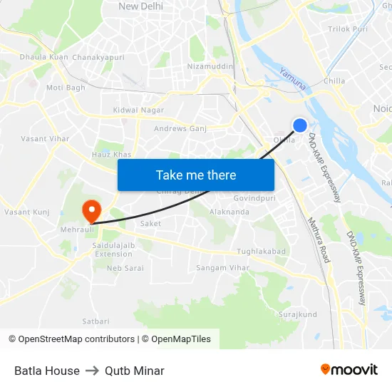 Batla House to Qutb Minar map