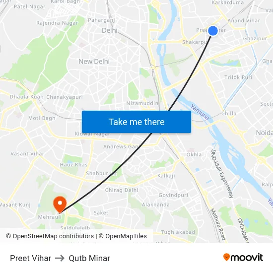 Preet Vihar to Qutb Minar map