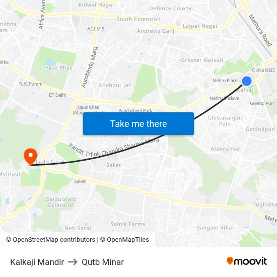 Kalkaji Mandir to Qutb Minar map
