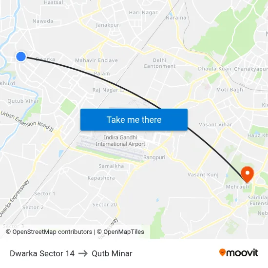 Dwarka Sector 14 to Qutb Minar map