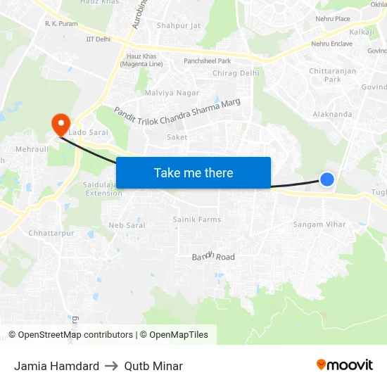 Jamia Hamdard to Qutb Minar map