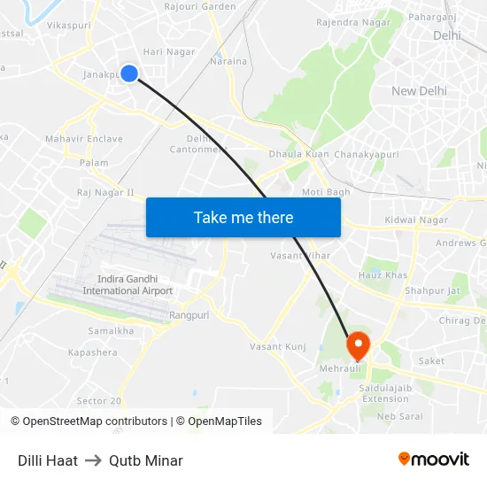 Dilli Haat to Qutb Minar map