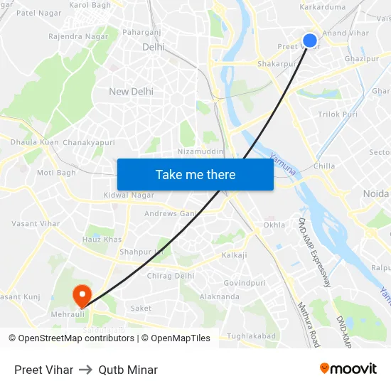 Preet Vihar to Qutb Minar map