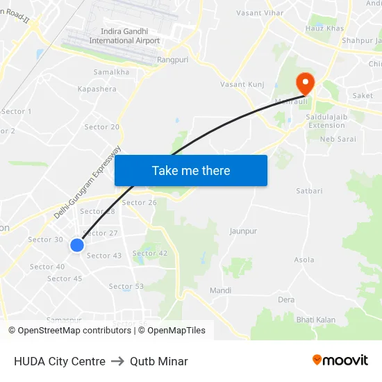 HUDA City Centre to Qutb Minar map