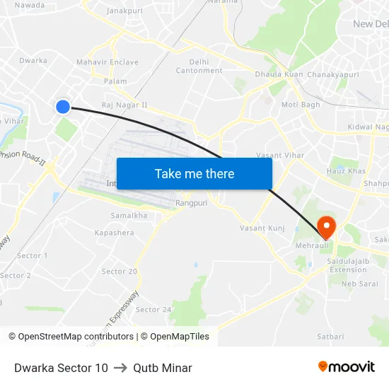 Dwarka Sector 10 to Qutb Minar map