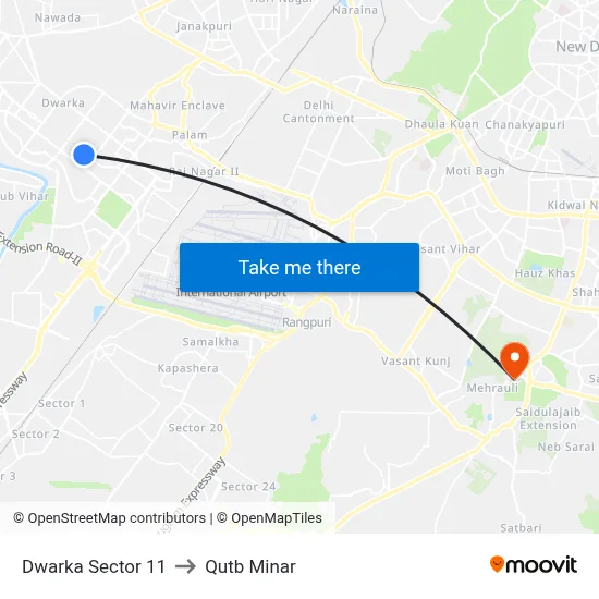 Dwarka Sector 11 to Qutb Minar map