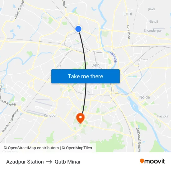 Azadpur Station to Qutb Minar map