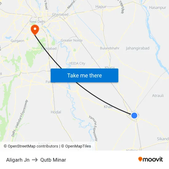 Aligarh Jn to Qutb Minar map