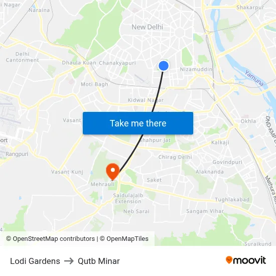 Lodi Gardens to Qutb Minar map