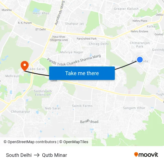 South Delhi to Qutb Minar map