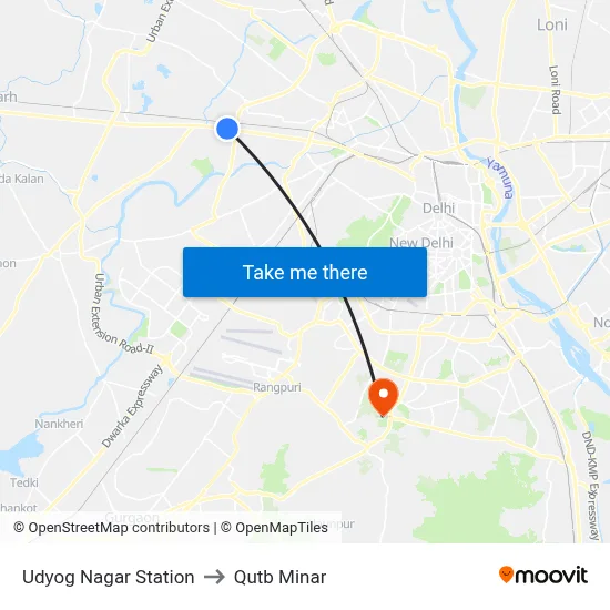 Udyog Nagar Station to Qutb Minar map