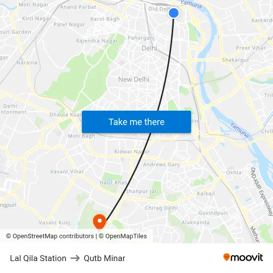 Lal Qila Station to Qutb Minar map
