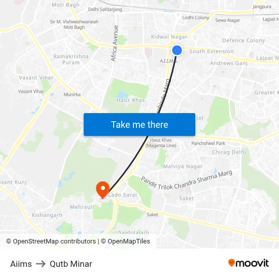 Aiims to Qutb Minar map