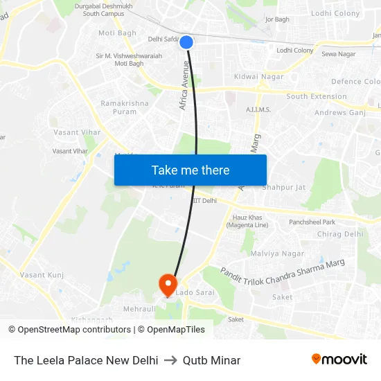 The Leela Palace New Delhi to Qutb Minar map