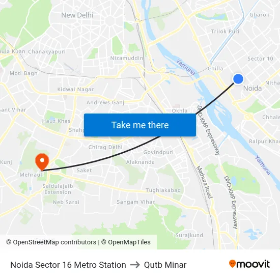 Noida Sector 16 Metro Station to Qutb Minar map