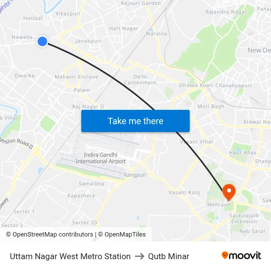 Uttam Nagar West Metro Station to Qutb Minar map