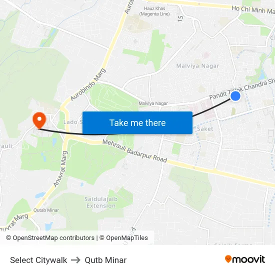 Select Citywalk to Qutb Minar map