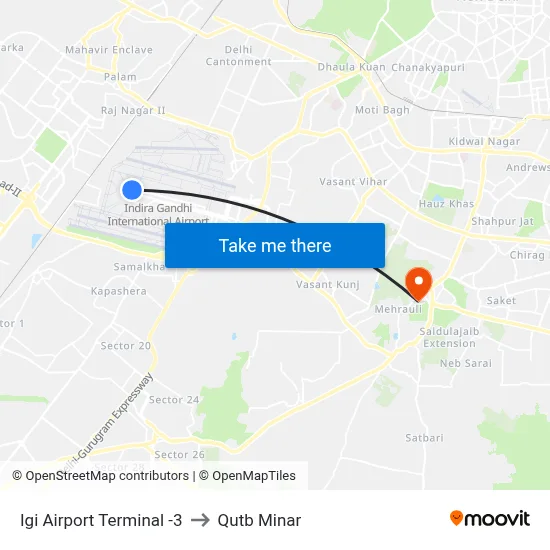 Igi Airport Terminal -3 to Qutb Minar map