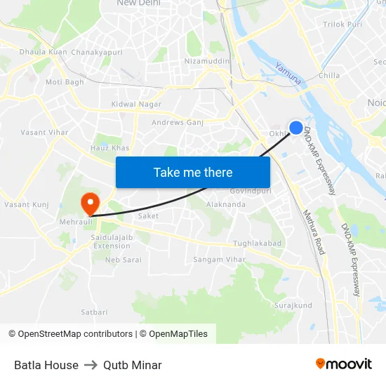Batla House to Qutb Minar map