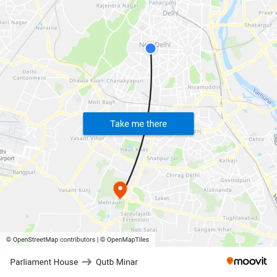 Parliament House to Qutb Minar map