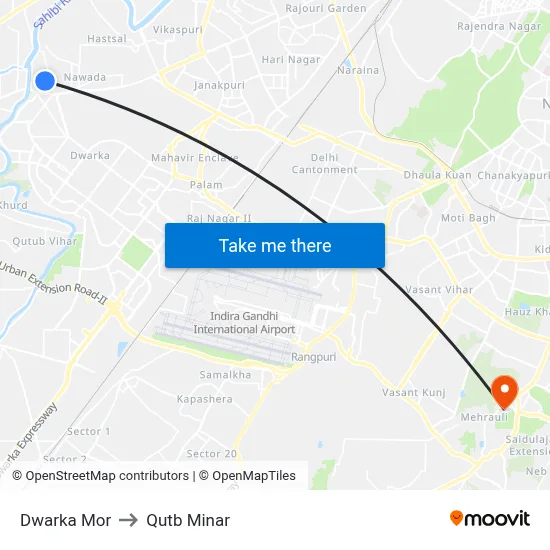 Dwarka Mor to Qutb Minar map