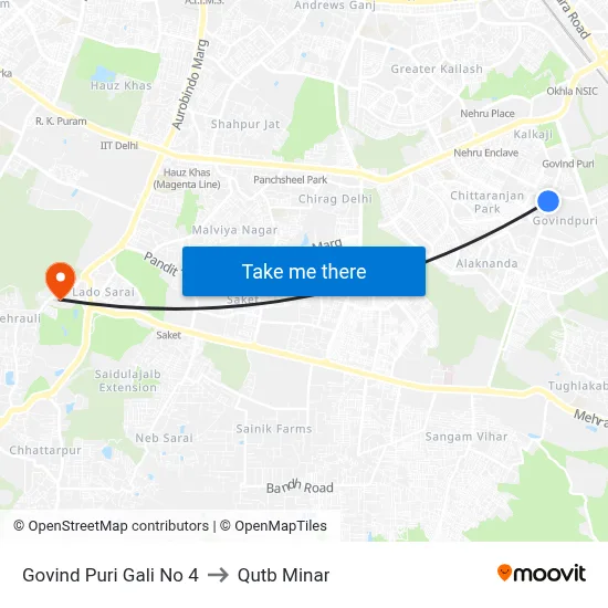 Govind Puri Gali No 4 to Qutb Minar map