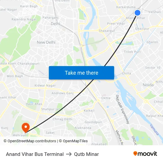 Anand Vihar Bus Terminal to Qutb Minar map