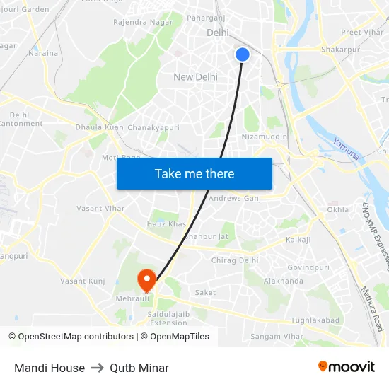 Mandi House to Qutb Minar map