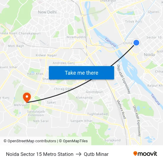 Noida Sector 15 Metro Station to Qutb Minar map