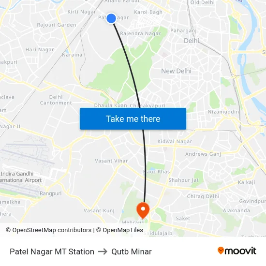Patel Nagar MT Station to Qutb Minar map