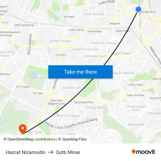 Hazrat Nizamudin to Qutb Minar map