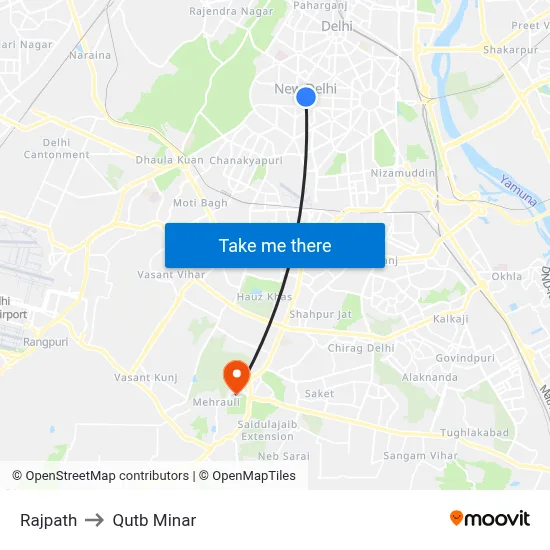 Rajpath to Qutb Minar map